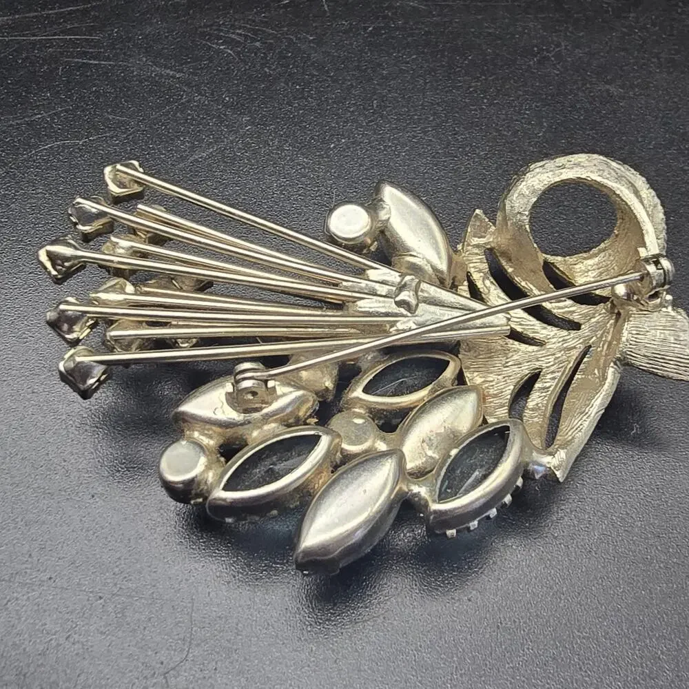 Blue Green Rhinestone Bouquet Brooch UV Glow Vintage Costume Jewelry